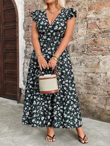 Breezaya Plus Size Women's Summer Romantic Floral V-Neck Dress, Elastic Waist Ruffle Hem Maxi Dress, Suitable For Beach Vacation And Travel Women's Summer Dresses Women's Floral Dress Women Casual Dresses Women Holiday Dress Women's Spring Dress - Navy Blue - View 3