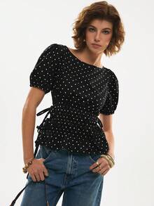 Poéselle Áo nữ tay ngắn cổ tròn chấm bi, thắt eo bên hông, kiểu dáng thường ngày, thích hợp cho mùa hè. - màu đen - Xem 8