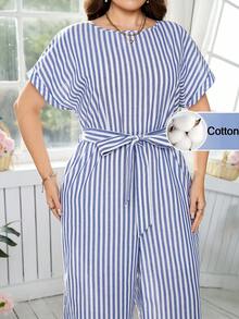 SHEIN Clasi 大码夏季休闲优雅条纹蝙蝠袖连体裤 - 藍白色 - 查看 3
