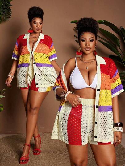 Maweii Mujer Casual Diario Simple Vacaciones Playa Escapada Moda Joven Solapa Manga Corta Raglan Botón Rayas Contraste Color Cárdigan y Pantalones Cortos Cintura Elástica, Vestido de Suéter Talla Grande