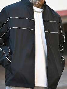 Devon Thys 男士休闲时尚百搭长袖短款夹克，Techwear Y2k 短款拉链跑道风衣夹克，秋季，垃圾摇滚 - 黑色 - 查看 3