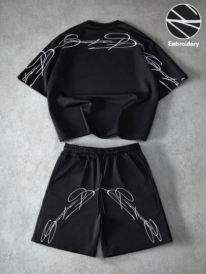 PAVTROS Men's Street-Style Signature Embroidered Graphic Tee, Suitable For Outdoor Music Festivals, Casual Outings, Gifts For Boyfriend/Husband, Anniversary, Black Color Black Two Pieces Set Men Men's Casual Graphic Print Short Sleeve T-Shirt And Shorts Set Men's Streetwear Shorts Set Men's Co-Ord Set Short Men's Two Pieces Shorts Set