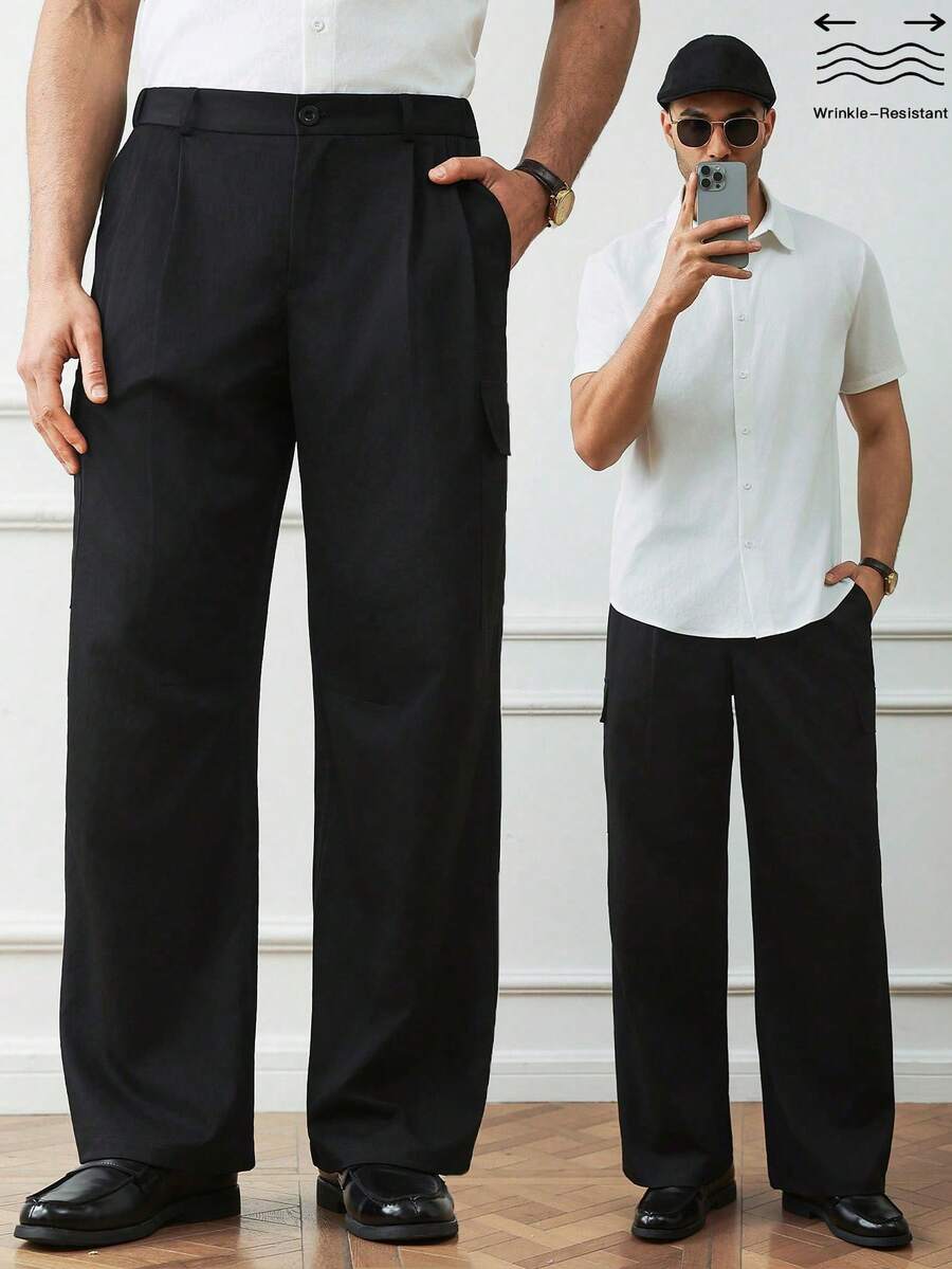 HUEFORM 男士清凉透气、抗皱复古风休闲宽松直筒工装裤，带口袋，居家通勤皆宜。 - 黑色 - 查看 1