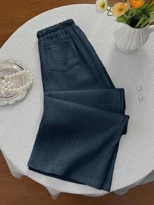 Elamini Pantalones casuales de verano para mujer de color blanco sólido, con cintura con cordón, bolsillos, de algodón puro, estilo cómodo y relajado, pantalones versátiles - Azul Marino - Ver 2