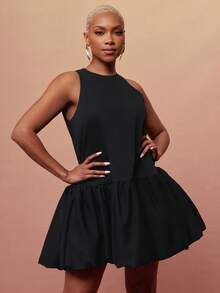 Vixey Đầm ngắn không tay dệt trơn, viền xếp ly phồng - màu đen - Xem 4