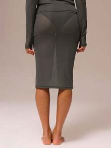 MUSERA ESSENTIALS Sheer Mesh Straight Midi Skirt Winter Spring Night Out Sexy Cute Mesh Fitted Essential - Army Green - View 4