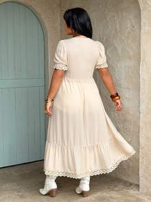 Rustia Plus Size Casual Long Floral Lace Trim Shirt, Vacation Wear For Spring & Summer - Apricot - View 2