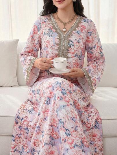 Al Najma Đầm dài tay in hoa, phối ren móc, kiểu dáng kín đáo, thanh lịch, kiểu Kaftan và Jalabiya dáng chữ A, thích hợp cho tiệc tối/đám cưới/kỷ niệm/mặc hàng ngày.