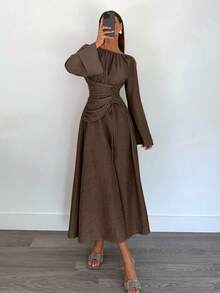 Siren Gaze Women's Solid Color Pleated Drawstring Casual Long Sleeve Dress - Brown - View 3