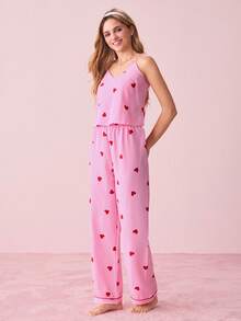 Bonmuse 女士泡泡褶皱条纹爱心印花吊带背心和裤子睡衣套装 - 粉色 - 查看 5