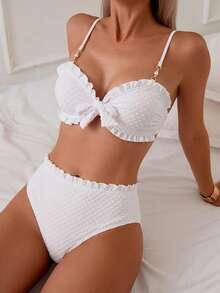 Swim Lushoire 两件套女士夏季沙滩度假纯色提花波点吊带珍珠纽扣黑色蕾丝边上衣和高腰黑色蕾丝边比基尼套装荷叶边比基尼套装高腰泳衣套装女士两件套泳衣沙滩两件套贝壳比基尼女士两件套泳衣女士泳衣两件套女士夏季套装两件套女士度假套装女士夏季套装 - 白色 - 查看 1