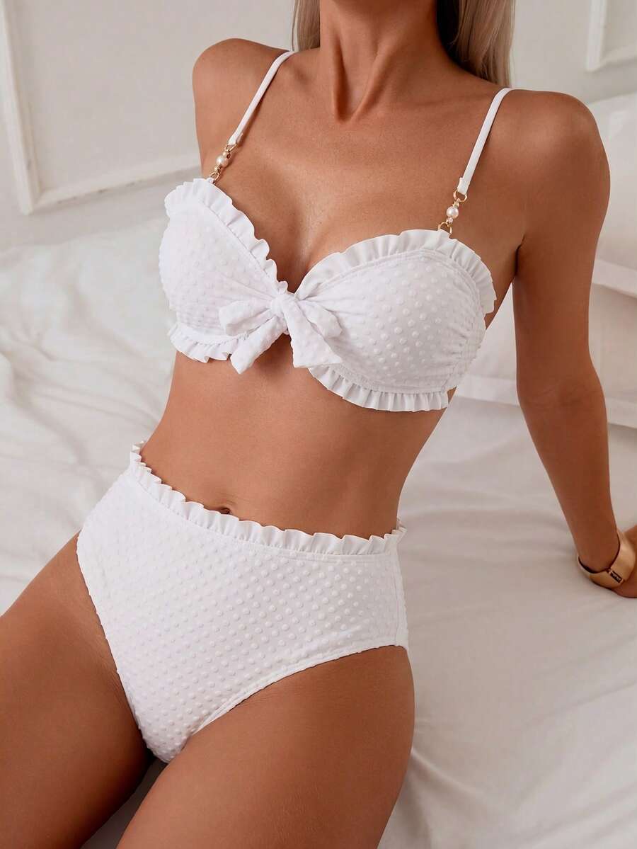 Swim Lushoire 两件套女士夏季沙滩度假纯色提花波点吊带珍珠纽扣黑色蕾丝边上衣和高腰黑色蕾丝边比基尼套装荷叶边比基尼套装高腰泳衣套装女士两件套泳衣沙滩两件套贝壳比基尼女士两件套泳衣女士泳衣两件套女士夏季套装两件套女士度假套装女士夏季套装 - 白色 - 查看 1