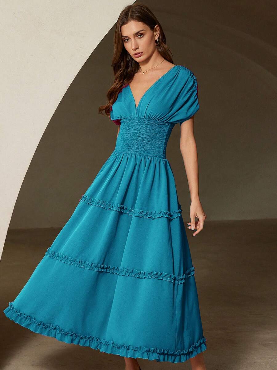Aveloria Rosie Vestido elegante y romántico para mujer con volantes, mangas cortas, hombros caídos, cintura fruncida, falda acampanada y bajo con volantes, versátil para vacaciones - Azul - Ver 1