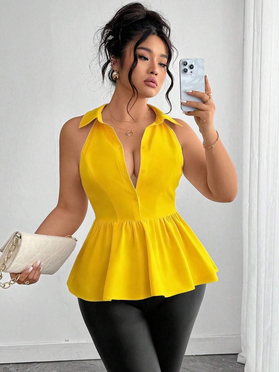 Elenzga Áo sơ mi nữ cỡ lớn thanh lịch, màu trơn, không tay, cổ bẻ, viền bèo, kiểu dáng lãng mạn, thích hợp cho hẹn hò, hẹn hò, công sở, thường ngày, bộ sưu tập Xuân/Hè mới. - Màu vàng - Xem 1