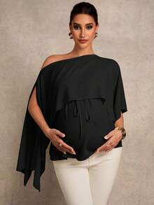 MaterniChic Maternity Asymmetric Hem Casual Solid Color Elegant Blouse For Summer - Black - View 6
