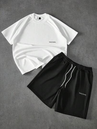  PAVTROS Men's 2pcs Black & White Contrast Color T-Shirt And Shorts Set, Matching Co-Ord Outfit, Contrast Patchwork, Streetwear Y2K, Hip Hop, Street Style, Summer Music Festival, Daily Wear, Gift For Boyfriend