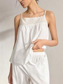 Ocili Bộ đồ ngủ nữ màu trơn gồm áo hai dây và quần dài - trắng - Xem 5