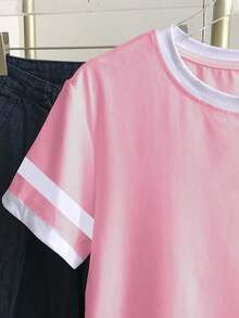 Resyla Plus Size Colorblock Minimalist Round Neck Short Sleeve T-Shirt - Pink - View 4