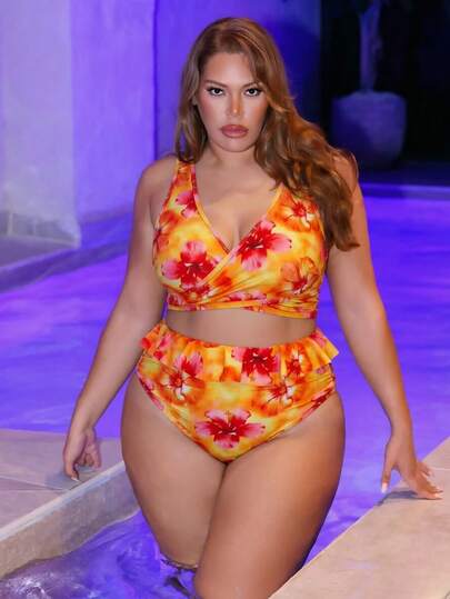 Swim Vcay 2pcs Plus Size Women Floral Print Criss-Cross Front Halter Tankini Swimsuit