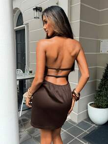 Aloruh 女士优雅性感系带露背缎面迷你连衣裙，女士派对及鸡尾酒会礼服 - 棕色 - 查看 5