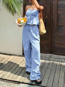 SHEIN EZwear 天蓝色亚麻女士抹胸上衣和裤子休闲度假套装 - 藍色 - 查看 5