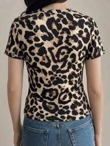 DAZY 纯色圆领修身短袖女式T恤 夏季 - 棕色 - 查看 2