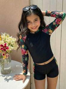 SHEIN 少女插肩袖热带植物印花上衣和短裤泳衣套装 - 黑色 - 查看 1