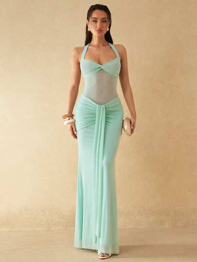 Silquee 薄荷绿薄纱褶皱美人鱼连衣裙，吊带连衣裙，无袖连衣裙，美人鱼礼服，优雅连衣裙，伴娘礼服，婚礼，海滩度假，约会/外出/夜店派对，优雅派对约会，鸡尾酒会，派对/约会/宴会服装，情人节及夜晚外出，姐妹聚会礼服，浪漫约会服装，高端派对礼服，正式派对服装，毕业典礼，舞台表演礼服，晚宴，俱乐部