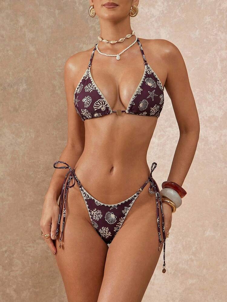 Lumalex Bộ bikini 2 mảnh in hình sinh vật biển, đính cườm trang trí ngực, viền hoa, kiểu buộc dây cổ. - Màu Đỏ Sâu - Xem 11