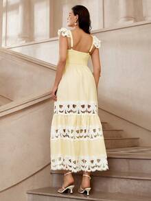 VOLUPTÉ CURVE 大码春夏连衣裙，复古花卉蕾丝拼接荷叶边袖镂空长裙，适合度假、派对、约会、休闲穿着 - 黃色 - 查看 3