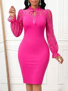 SHEIN Lady Vestido elegante de punto negro con cuello superpuesto, cinturón y mangas para oficina, boda, cóctel, concierto/festival de música, vestido de invitada de boda, ropa para mujeres de vuelta al colegio, atuendos de profesora, faldas negras, vestidos negros de otoño, vestidos elegantes de verano para mujeres con mangas abullonadas, encaje y parches, vestido midi negro ajustado - Rosa Fucsia - Ver 3