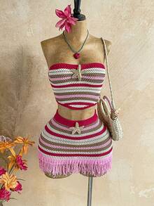 Soleia 女士休闲性感海星装饰吊带背心、流苏裙、针织上衣和裙子两件套 - 彩色 - 查看 1