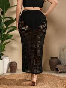 SHEIN Swim Curve 大码女式黑色镂空针织裹身连衣裙，连体系带度假风罩衫 - 黑色 - 查看 2