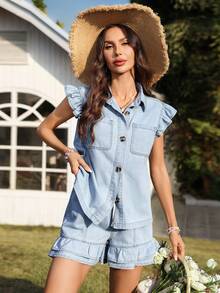 Breezaya Women's Summer Vacation Cap Sleeve Denim Shirt - Light Wash - View 4