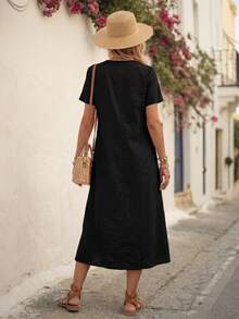 EMERY ROSE Women's Black V-Neck Short Sleeve Pocket Casual Mid-Length Dress,Vacation Long Dress, Women Vacation Dress, Women Casual Dress - Black - View 2