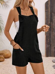 Breezaya 纯色无袖连体裤，带口袋，休闲夏季百搭，打结开衩设计 - 黑色 - 查看 6