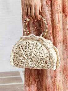 SHECARRY Bolso de mano de mujer tejido de moda, bolso de mano en forma de abanico hueco en beige - Beis - Ver 5