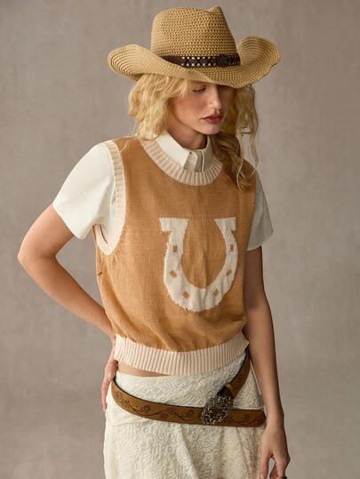 WESTFADE 圆领马蹄形嵌花无袖宽松套头针织毛衣背心，适合春季、夏季、度假、休闲、海滨、牛仔、波西米亚风、假期、海滩、7月4日、节日、可爱、西部风、纳什维尔、牛仔竞技服、乡村音乐会、驿马车音乐节、科切拉音乐节等场合。