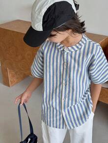 DAZY Áo sơ mi ngắn tay kẻ sọc dáng suông cho bé trai, thích hợp mặc mùa xuân hè. - Màu xanh lam - Xem 5