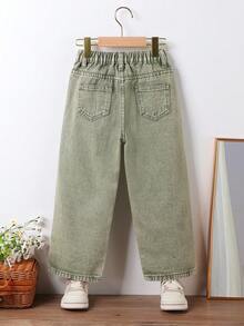 SHEIN Vintaside Kids 2026夏季新款草绿色水洗做旧牛仔灯笼裤，高腰弹力腰宽松阔腿裤，美式复古日系高街重磅牛仔修身百搭日常穿着度假音乐节 - 綠色 - 查看 2