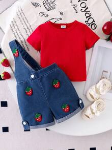 SHEIN Playful Pals 2pcs Baby Girl Blue Denim Overalls Shorts Set Summer Cute Vacation Solid Red Ribbed T-Shirt&Strawberry Decor Rolled Hem Jeans Outfit Elastic Waist - Red - View 7