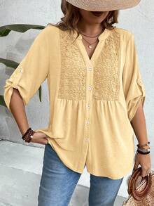 SHEIN LUNE Plus Size Lace Patchwork 3/4 Sleeve V-Neck Button Down Casual Vacation Shirt - Light Yellow - View 4
