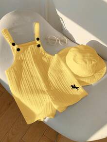 SHEIN 男女宝宝通用白色休闲连体衣套装，包含围兜裤和遮阳帽，适合春夏季居家或户外穿着 - 黃色 - 查看 7