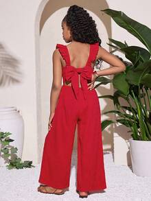 Tween Girl Casual Red Textured Jumpsuit - Red - View 1