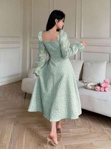 Feyla Women's Solid Color Square Neck Ruffle Hem Long Sleeve Dress Long Evening Dresses - Green - View 2