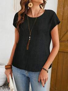 EMERY ROSE Áo kiểu nữ màu trơn cổ tròn tay ngắn dáng rộng chất liệu giả vải lanh, thích hợp cho mùa xuân/hè. - màu đen - Xem 7