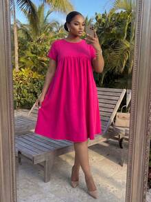 SHEIN Lady CURVE 大码纯色圆领短袖休闲连衣裙，夏季 - 玫紅色 - 查看 7