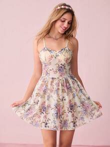 Snug Zone 女士花卉印花蝴蝶结细节吊带睡裙，夏季蝴蝶结 - 米色 - 查看 10