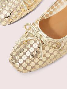 CUCCOO DOLLMOD Ladies Gold Mesh Sequins Decorative Sweet Bow Decorative Design French Low Vamp Breathable Mary Jane Shoes Upper Sequined Mesh Material Suitable For Spring And Summer Wear - Gold - View 5