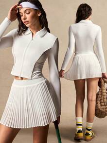 VARSIVA Women's Solid Color Long Sleeve Zip-Up Top And Pleated Skort Sports Suit - White - View 10